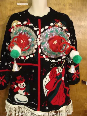 80s Funny 3D Ugly Xmas Sweater with Naughty Springy Boobs