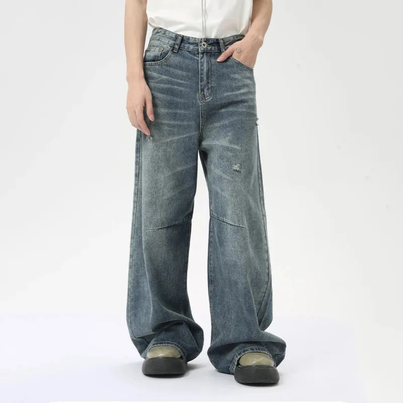 American Style Men's Denim Pants Washing Fashion Loose Men's Straight Trousers Casual Wide Leg Jeans Summer 9C6303