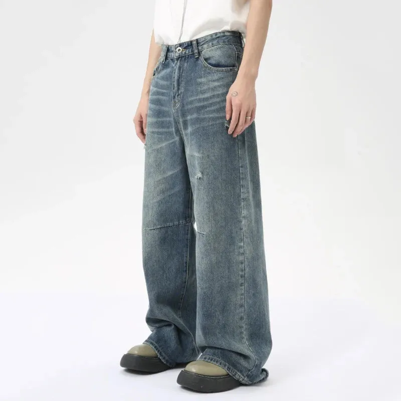 American Style Men's Denim Pants Washing Fashion Loose Men's Straight Trousers Casual Wide Leg Jeans Summer 9C6303