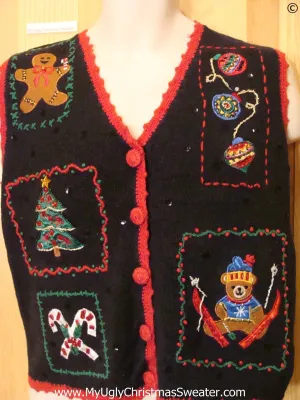 Black Cheap Christmas Sweater Vest with Red Trim