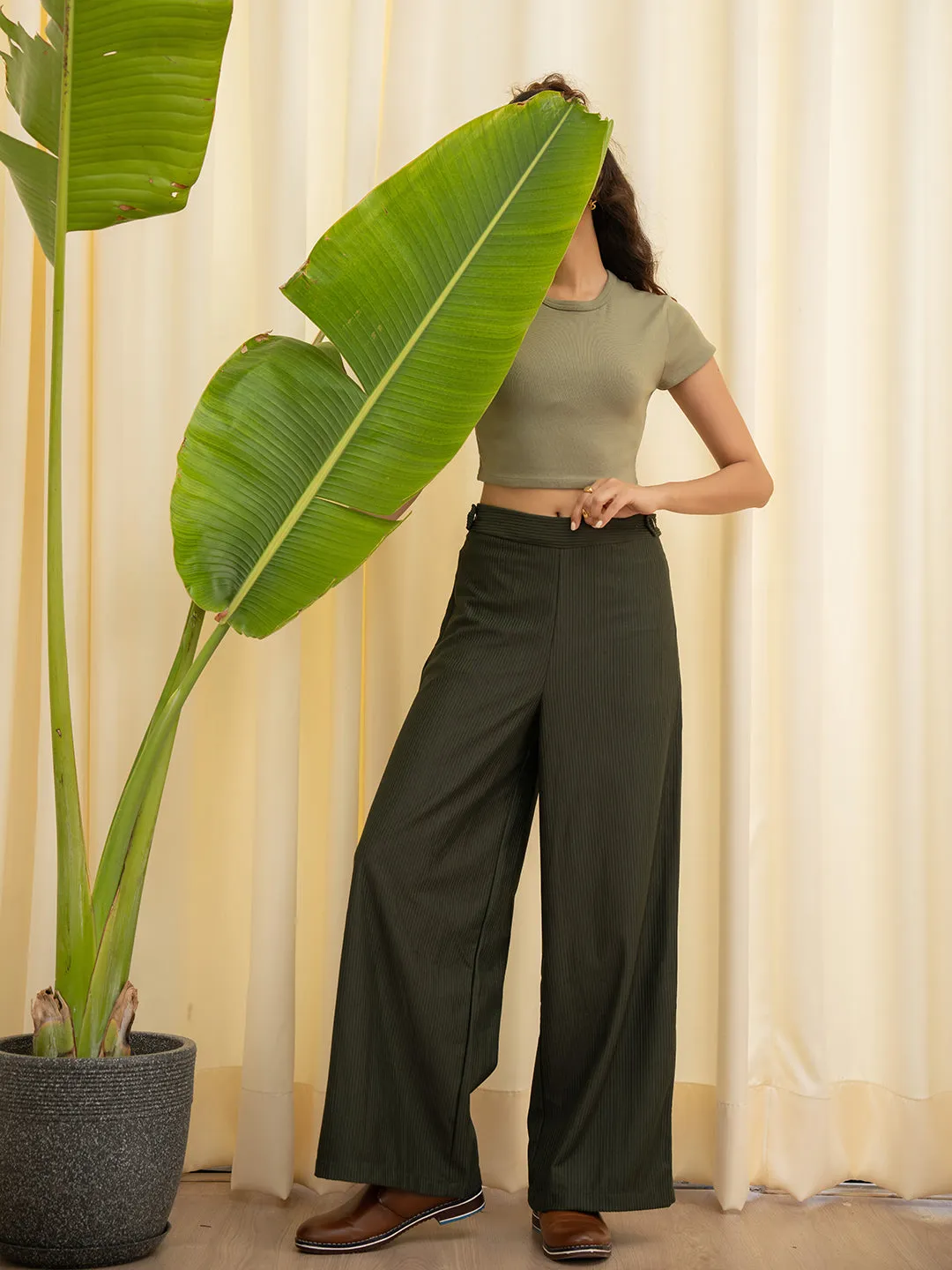 Corduroy Dark Green High Waist Pants