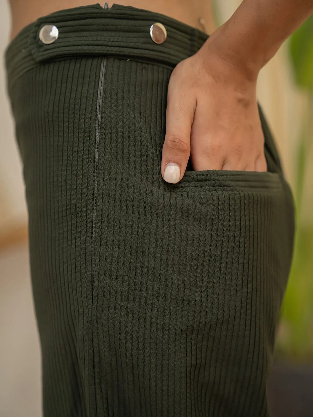 Corduroy Dark Green High Waist Pants