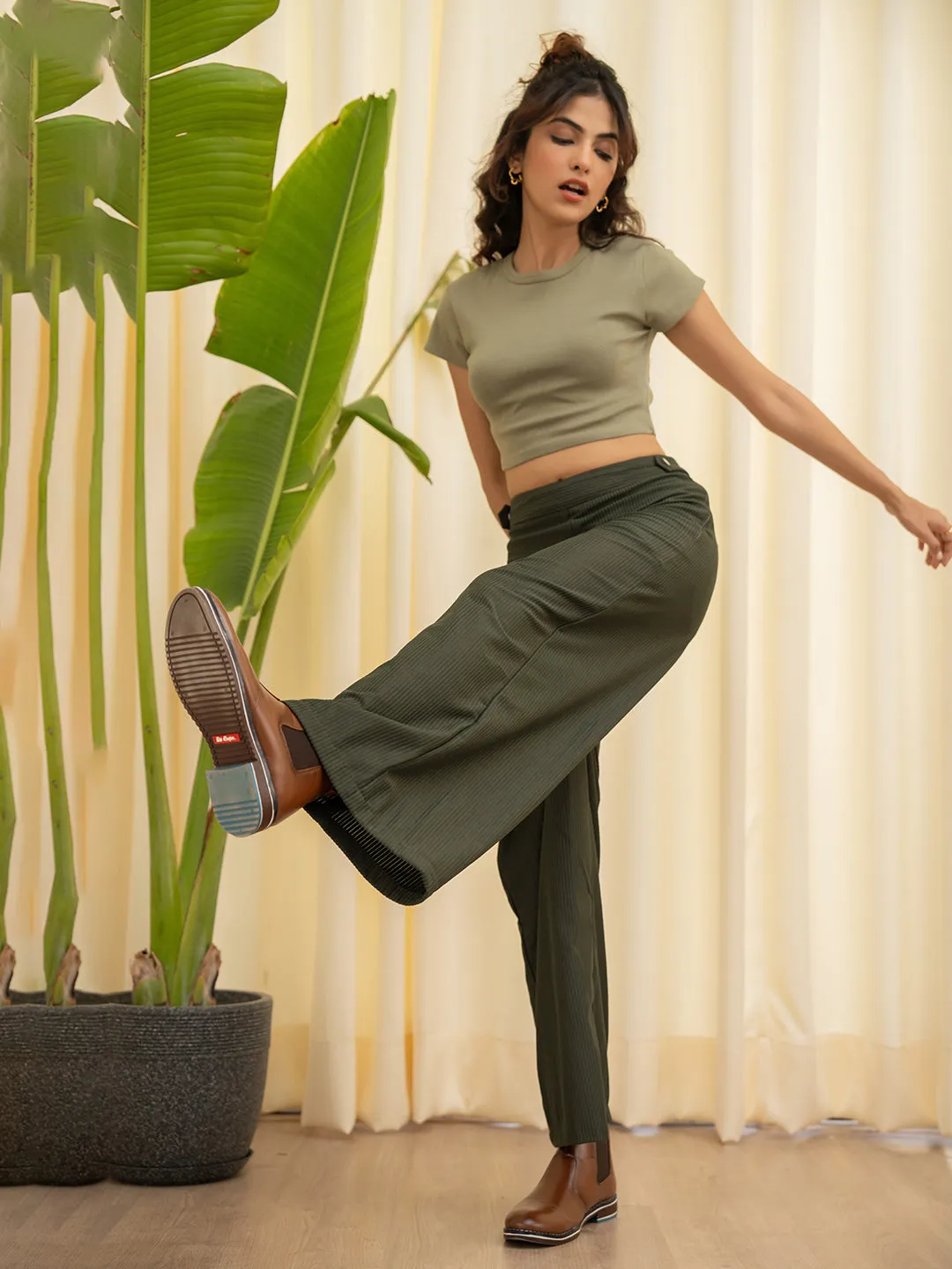 Corduroy Dark Green High Waist Pants