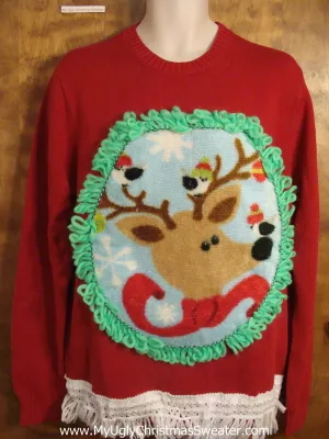 Crewneck Reindeer Christmas Sweater with Fringe