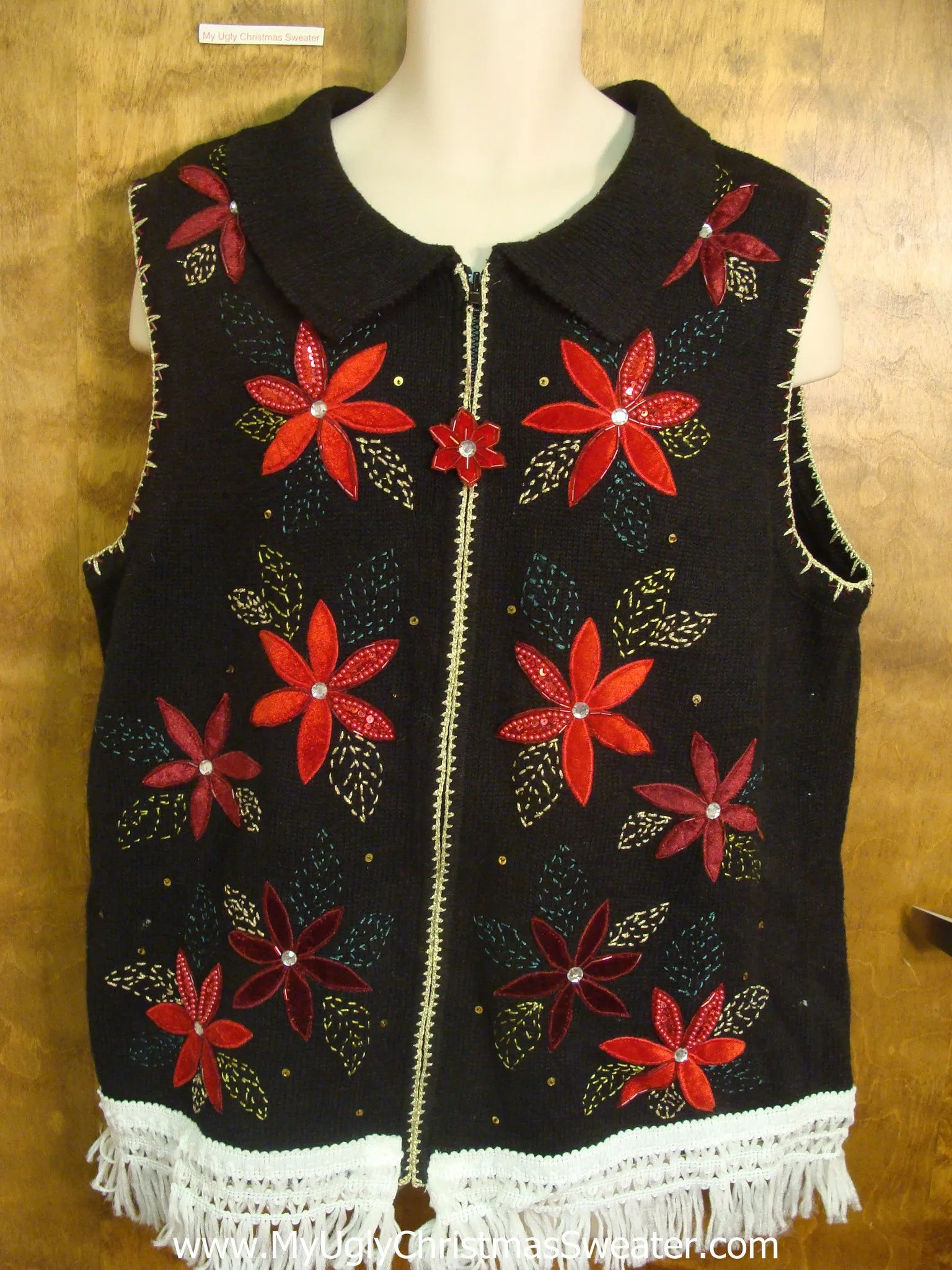 Cute Black Christmas Sweater Vest with Poinsettias