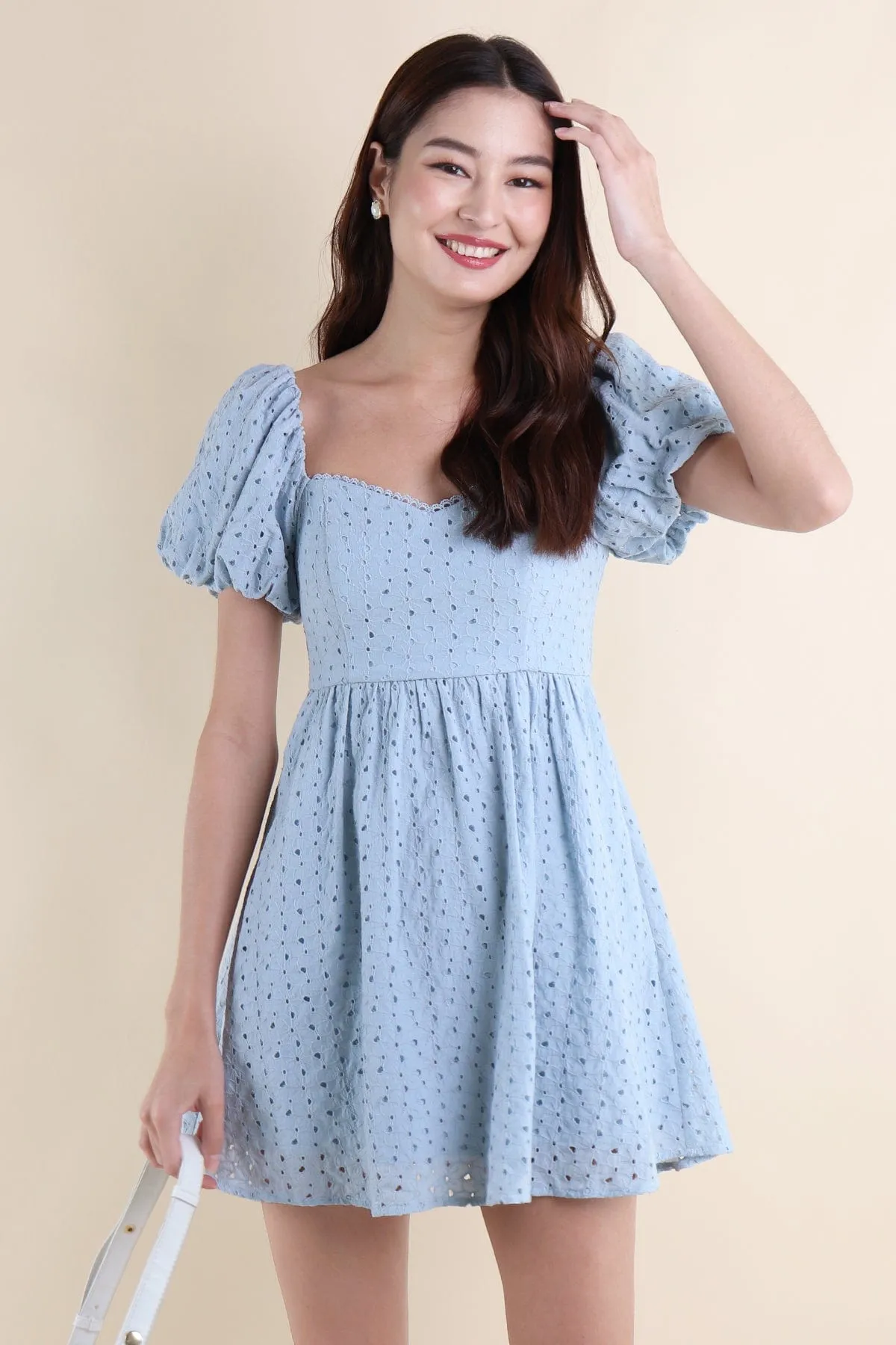 EMBER PUFF SLEEVES EYELET DRESS IN BLUE