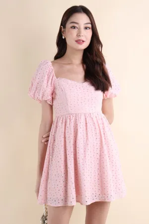 EMBER PUFF SLEEVES EYELET DRESS IN PINK