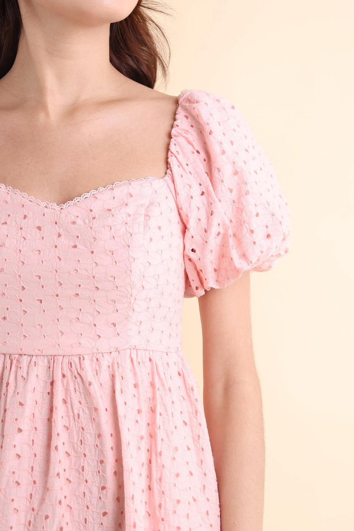 EMBER PUFF SLEEVES EYELET DRESS IN PINK