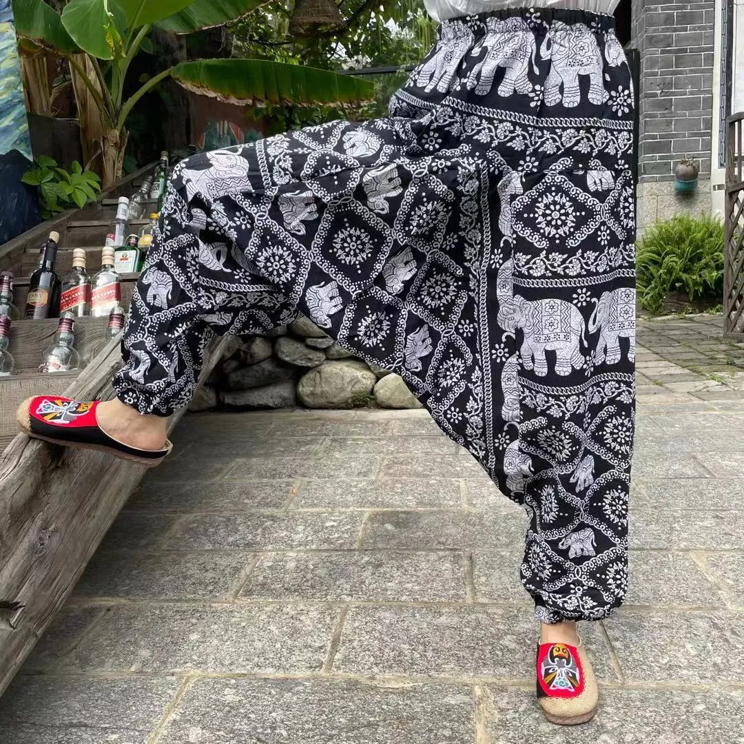 Ethnic style summer men's and women's same large crotch pants cotton and linen printed casual lantern trousers