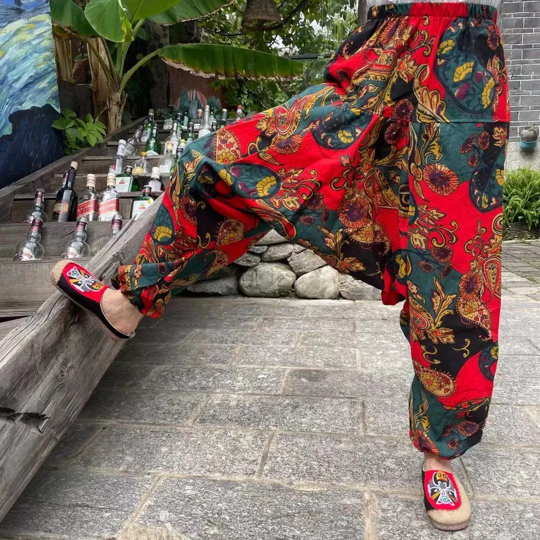 Ethnic style summer men's and women's same large crotch pants cotton and linen printed casual lantern trousers