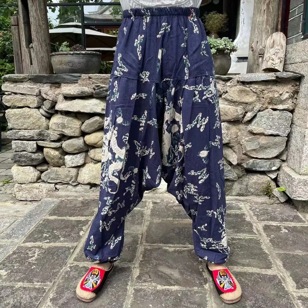 Ethnic style summer men's and women's same large crotch pants cotton and linen printed casual lantern trousers