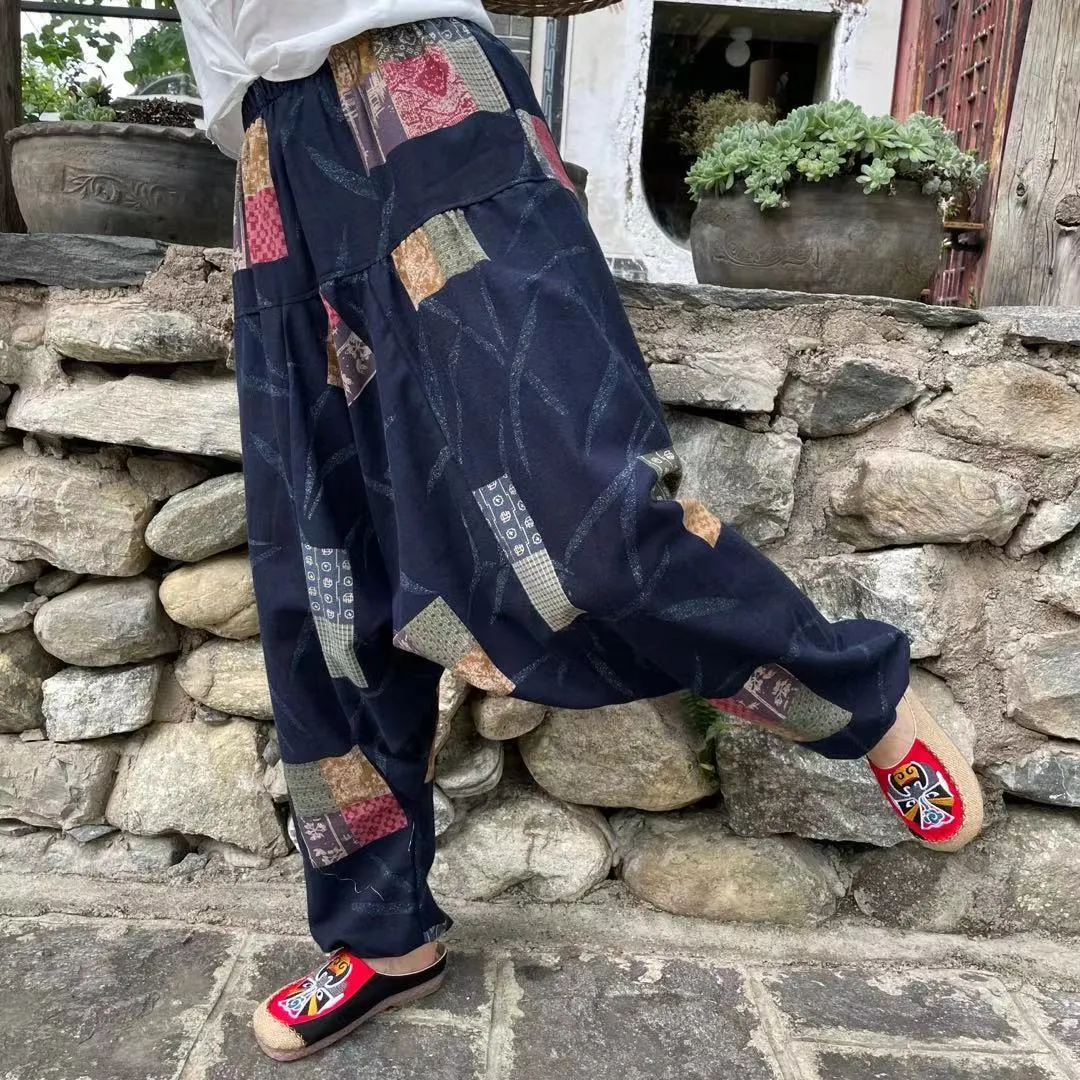 Ethnic style summer men's and women's same large crotch pants cotton and linen printed casual lantern trousers