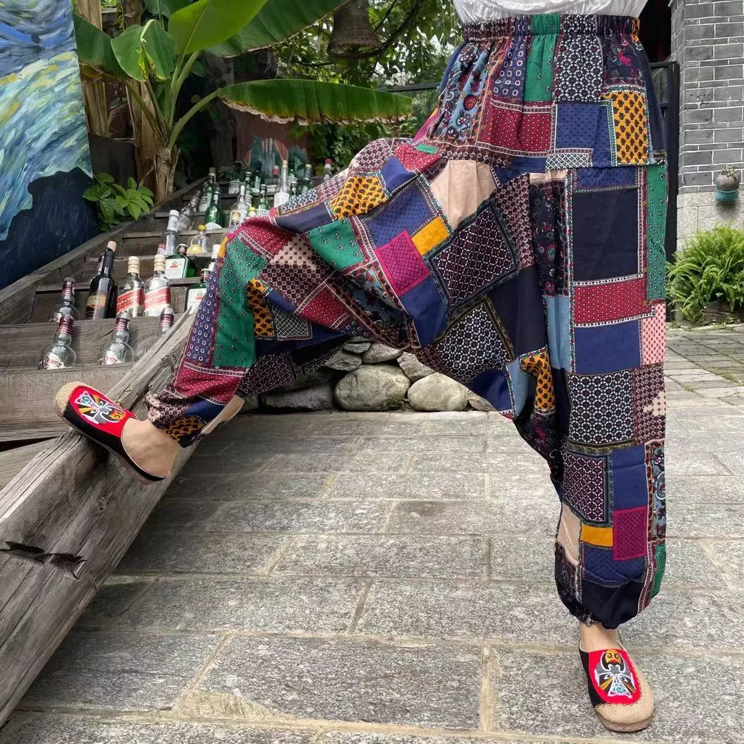 Ethnic style summer men's and women's same large crotch pants cotton and linen printed casual lantern trousers