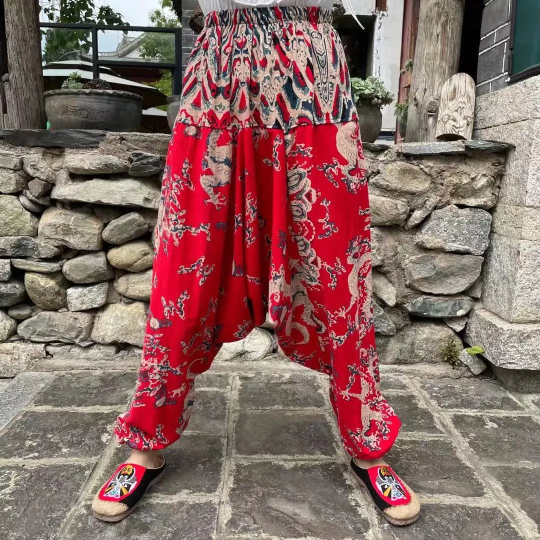 Ethnic style summer men's and women's same large crotch pants cotton and linen printed casual lantern trousers