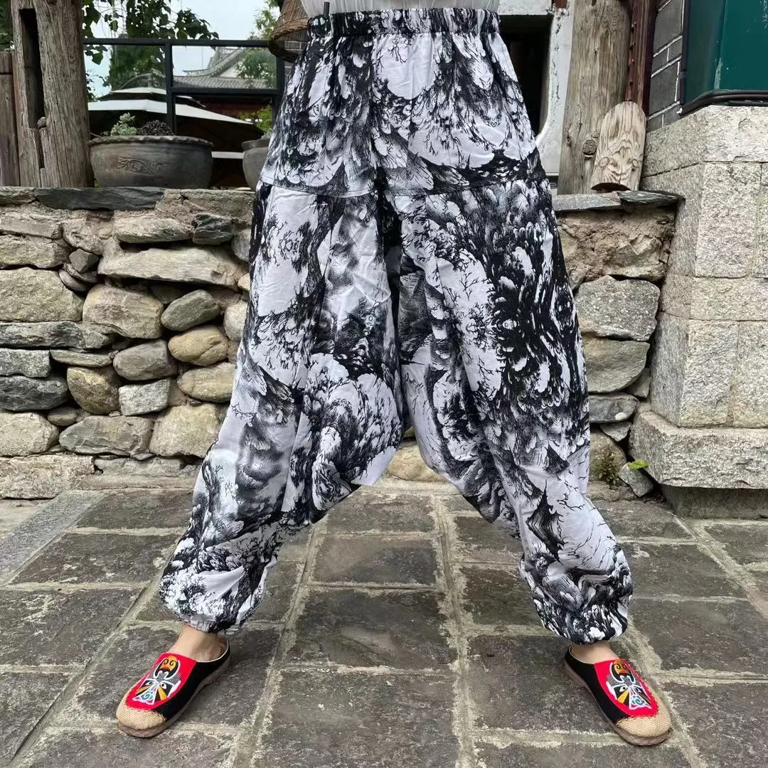 Ethnic style summer men's and women's same large crotch pants cotton and linen printed casual lantern trousers