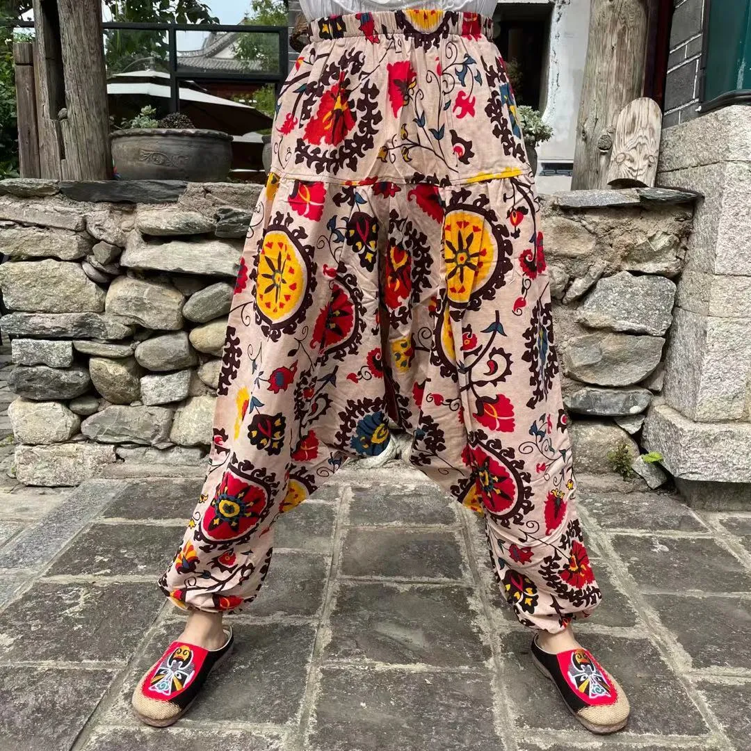 Ethnic style summer men's and women's same large crotch pants cotton and linen printed casual lantern trousers