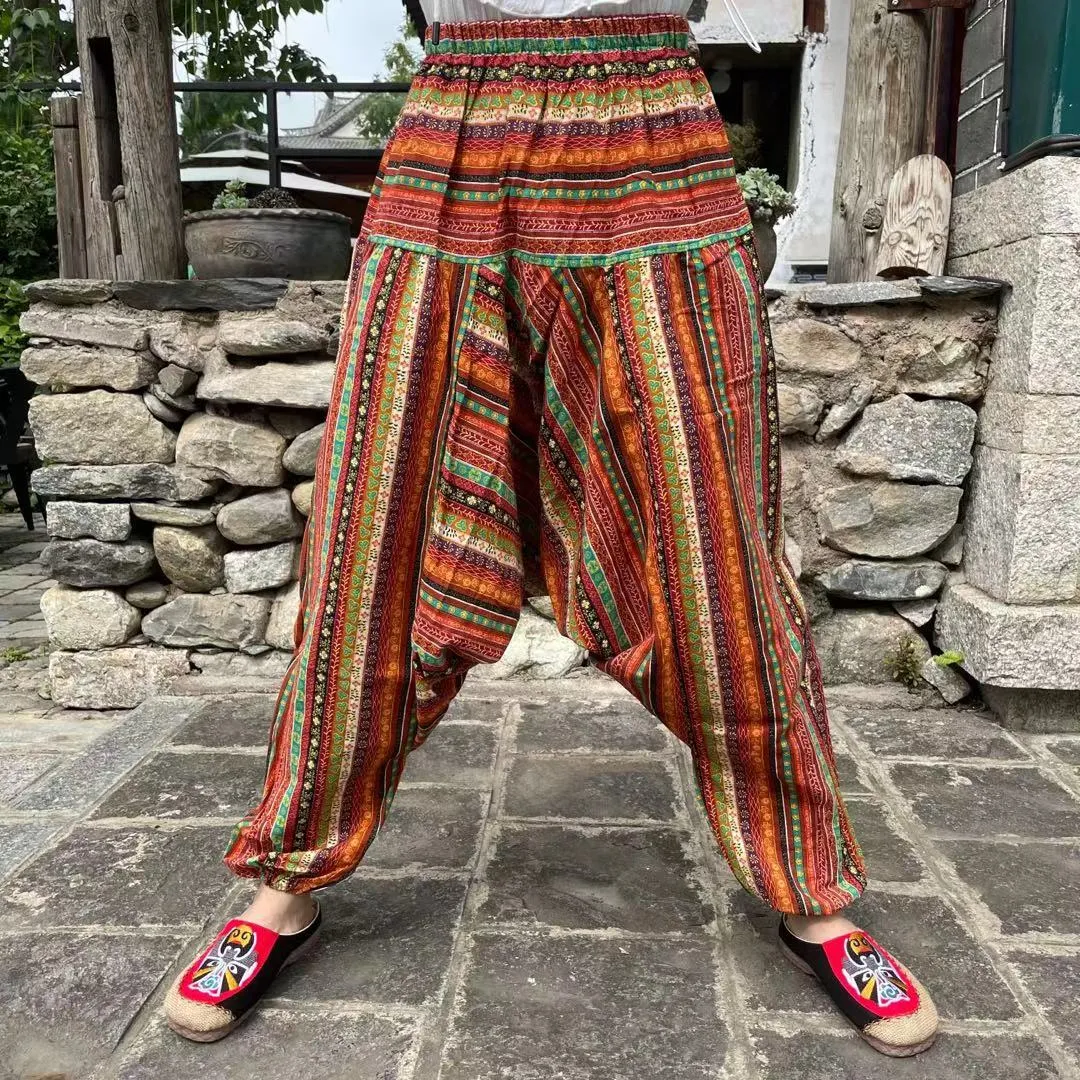 Ethnic style summer men's and women's same large crotch pants cotton and linen printed casual lantern trousers