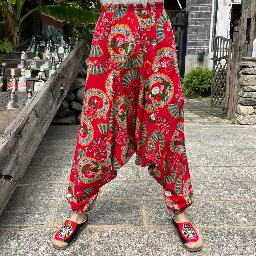 Ethnic style summer men's and women's same large crotch pants cotton and linen printed casual lantern trousers