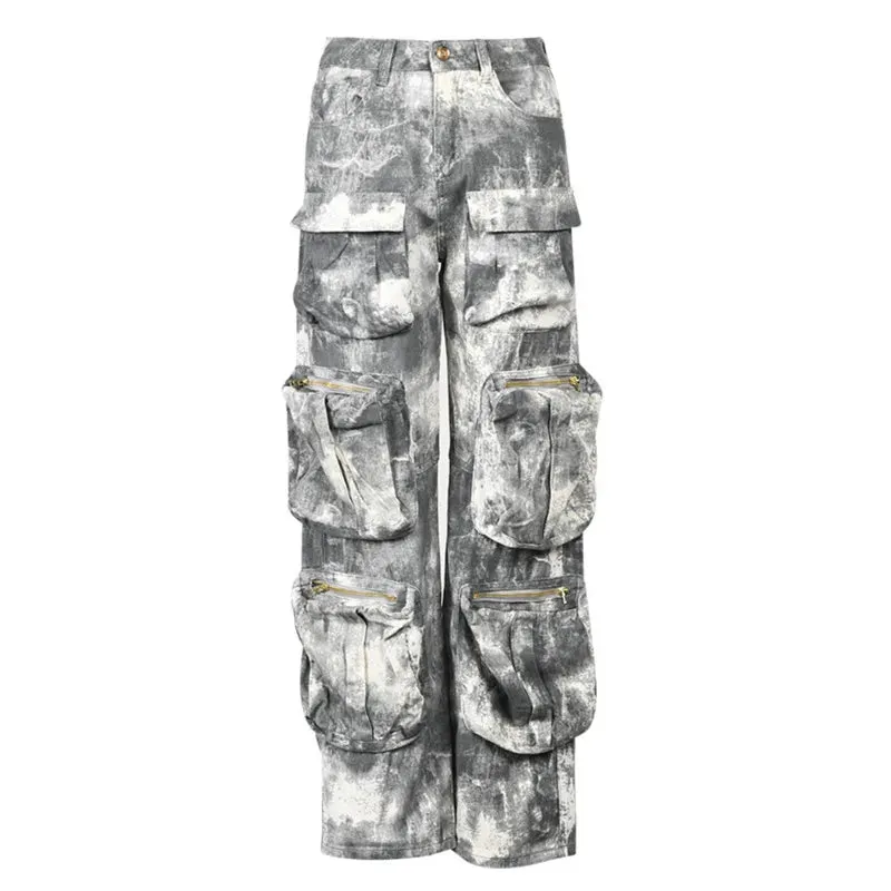 Fashion Baggt Jeans High Waist Multi Pocket Camouflage Denim Cargo Pants Loose Streetwear Autumn Tide Overalls