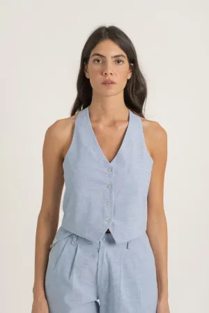 Figurati Linen Gilet Top Sky Blue