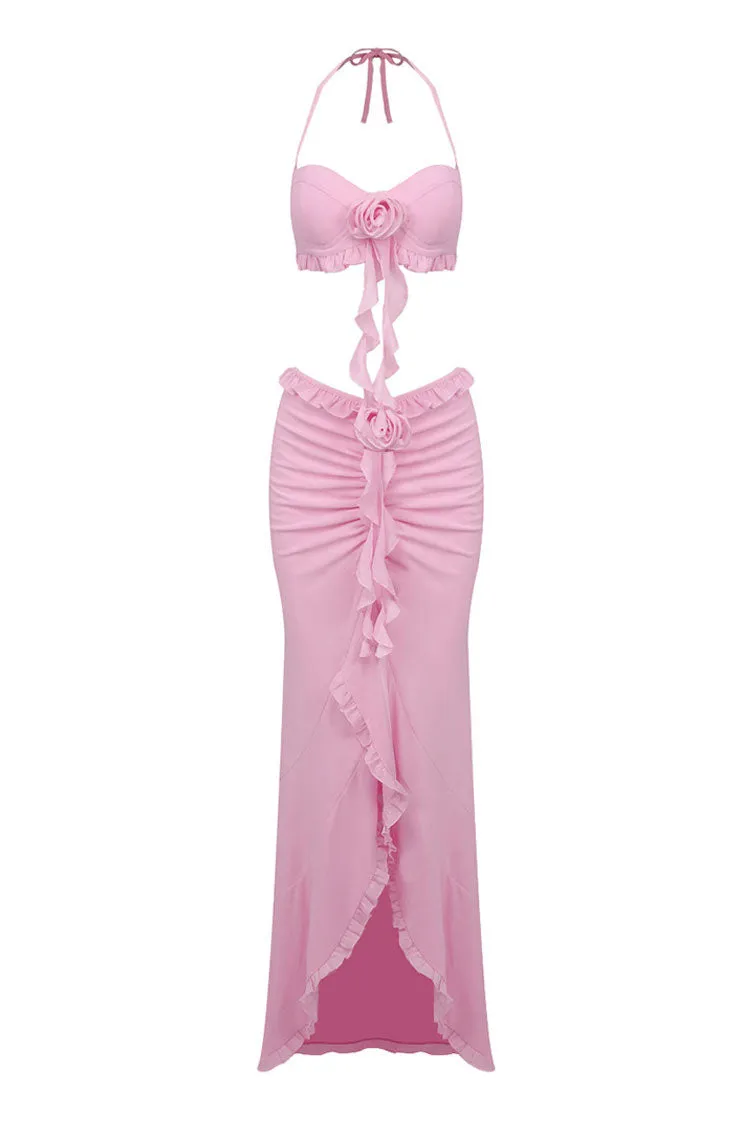 Flowy Halter Tie Rose Bra Ruched Mesh Draped Ruffle Two Piece Maxi Dress