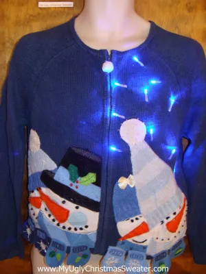 Four Crowded Snowmen Light Up Ugly Xmas Sweater