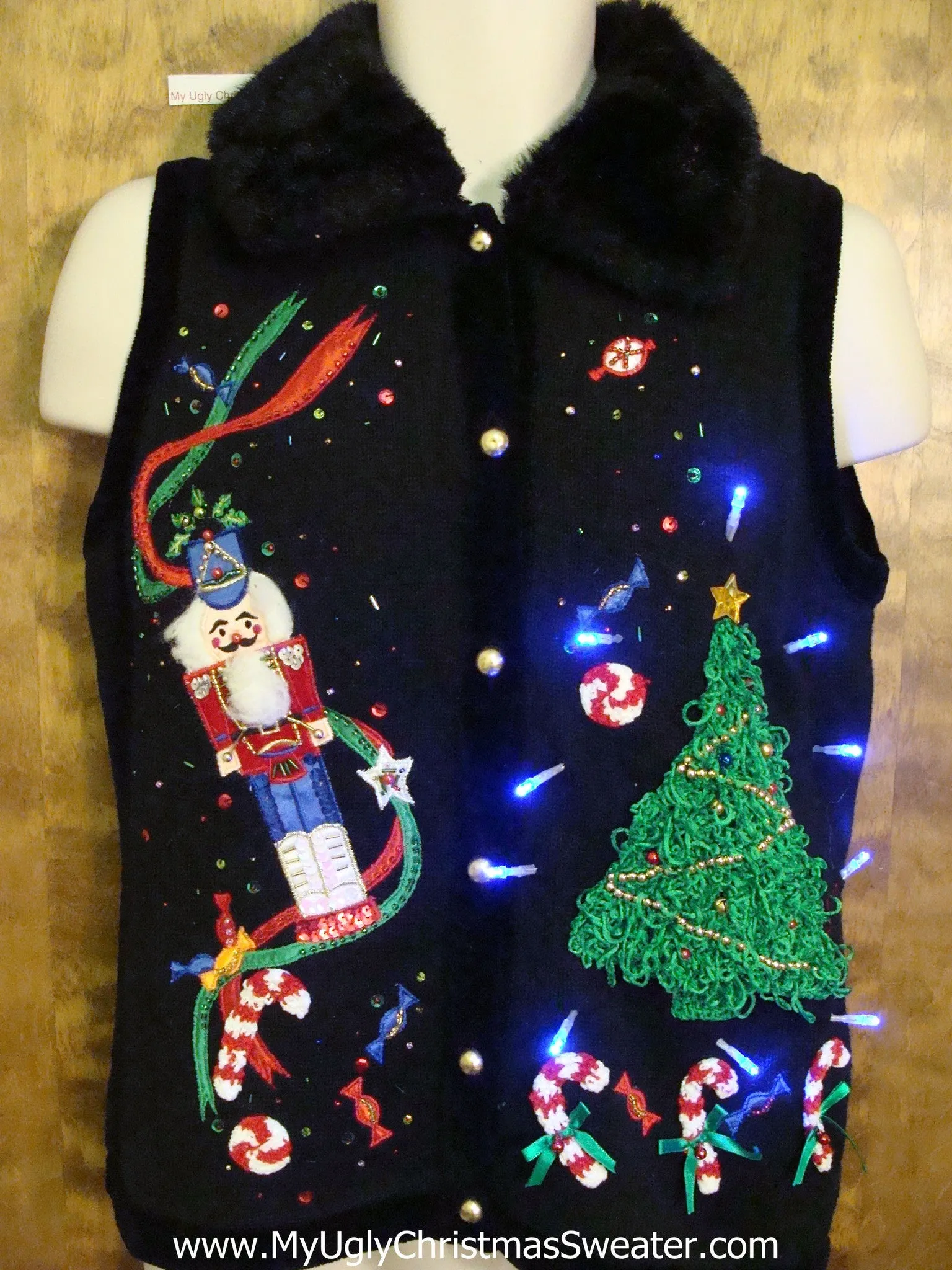 Furry Collar Ugly Christmas Sweater Vest with Lights