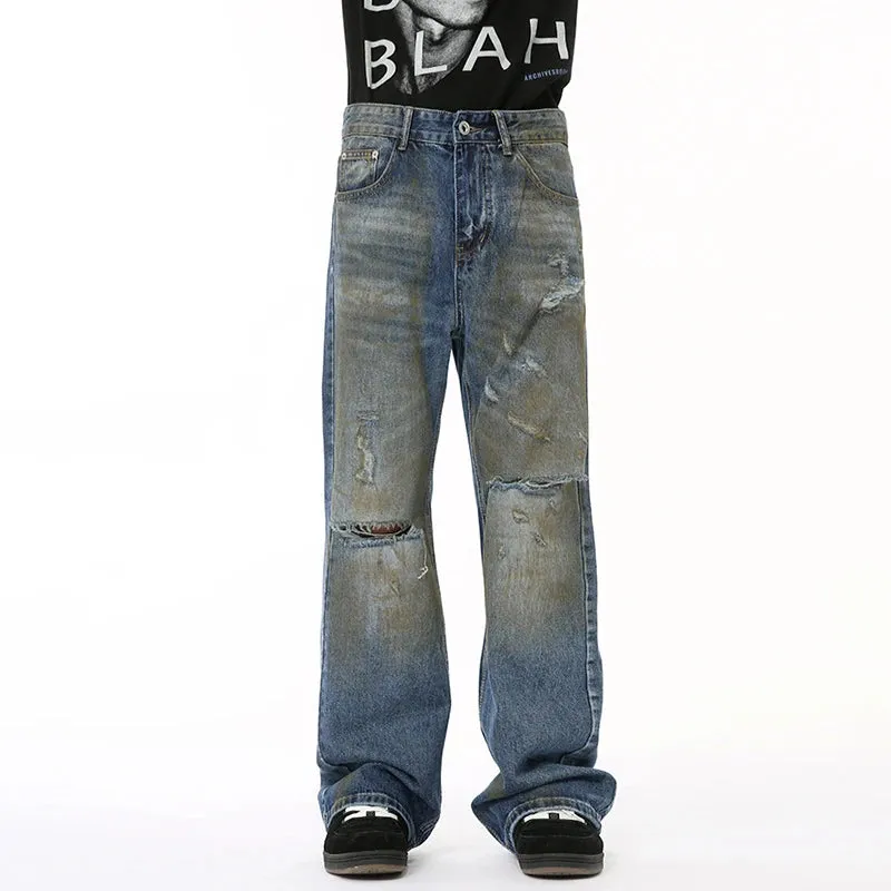 High Street Male Hole Denim Pants New Worn-out Contrast Color Boot Cut Slimming Loose Men‘s Jeans Summer Trendy 9C6680