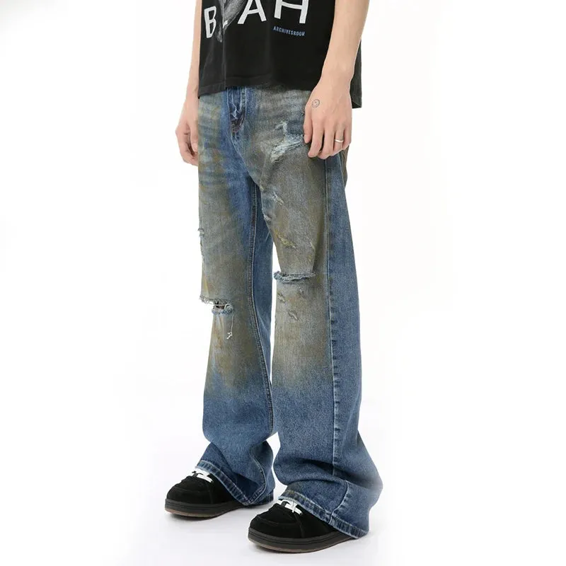 High Street Male Hole Denim Pants New Worn-out Contrast Color Boot Cut Slimming Loose Men‘s Jeans Summer Trendy 9C6680