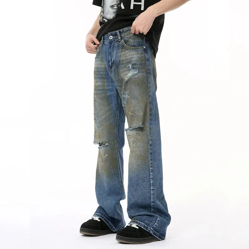 High Street Male Hole Denim Pants New Worn-out Contrast Color Boot Cut Slimming Loose Men‘s Jeans Summer Trendy 9C6680