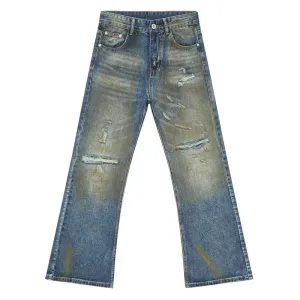 High Street Male Hole Denim Pants New Worn-out Contrast Color Boot Cut Slimming Loose Men‘s Jeans Summer Trendy 9C6680