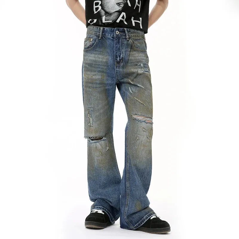 High Street Male Hole Denim Pants New Worn-out Contrast Color Boot Cut Slimming Loose Men‘s Jeans Summer Trendy 9C6680