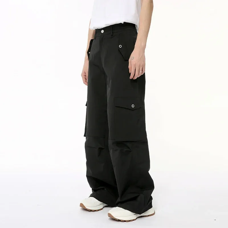 High Street Mne's Casual Pants Big Pockets Solid Color Cargo Trousers Straight Wide Leg Bottom Stylish Summer 9C6392