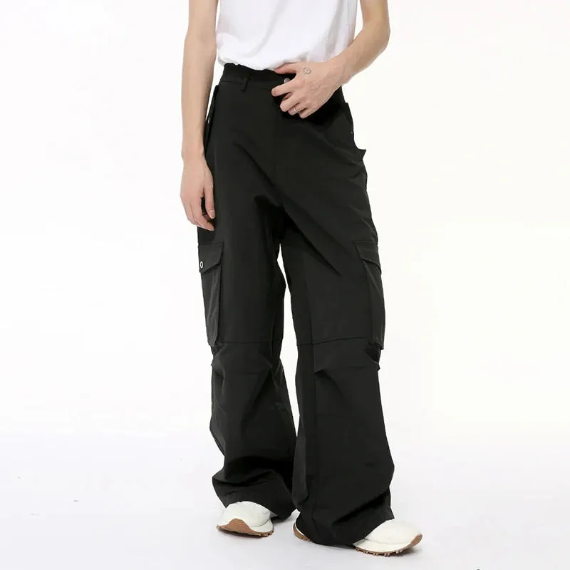 High Street Mne's Casual Pants Big Pockets Solid Color Cargo Trousers Straight Wide Leg Bottom Stylish Summer 9C6392