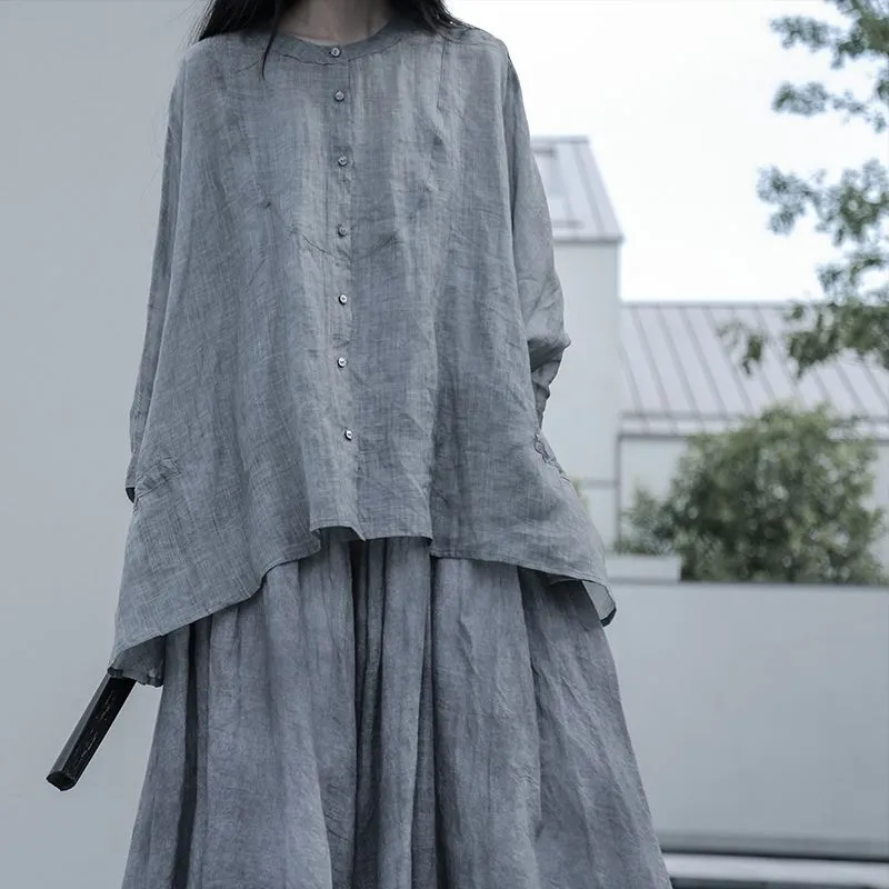 Ice Silk Grey Doll Sleeve Drawstring Loose Effortless Shirt Top