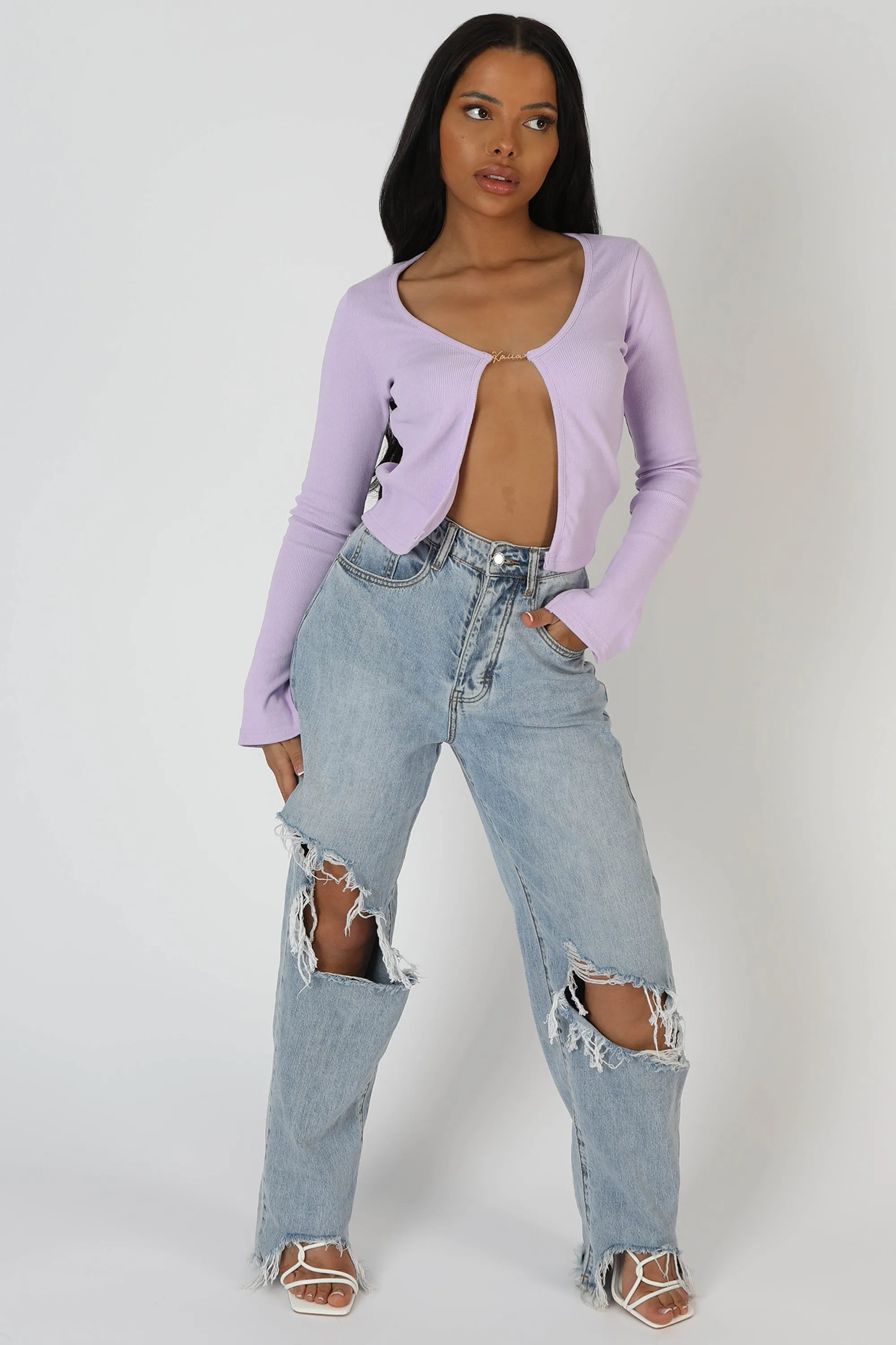 Kaiia Trim Ribbed Top Lilac