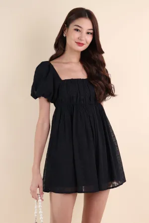 KYRIE PUFF SLEEVE RUCHED EYELET DRESS IN BLACK