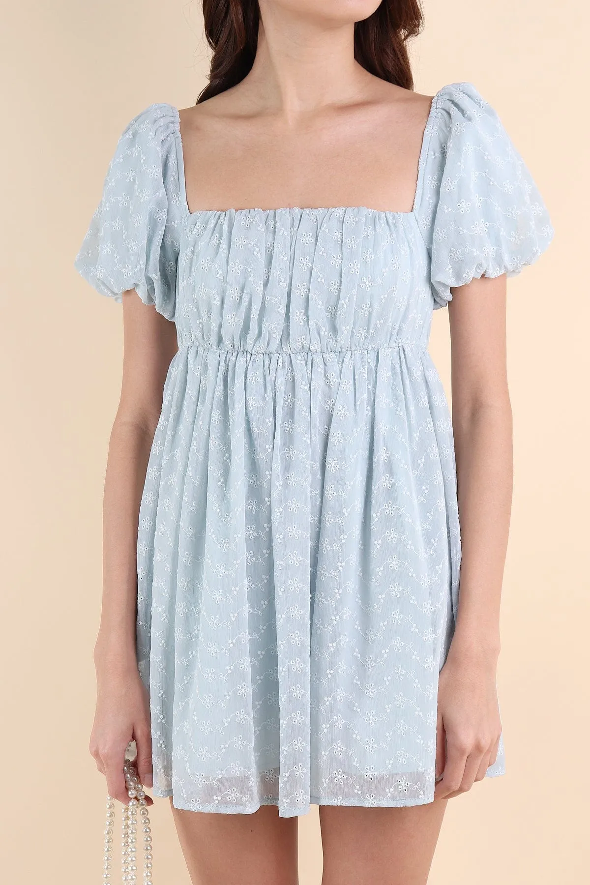 KYRIE PUFF SLEEVE RUCHED EYELET DRESS IN MINT SKY