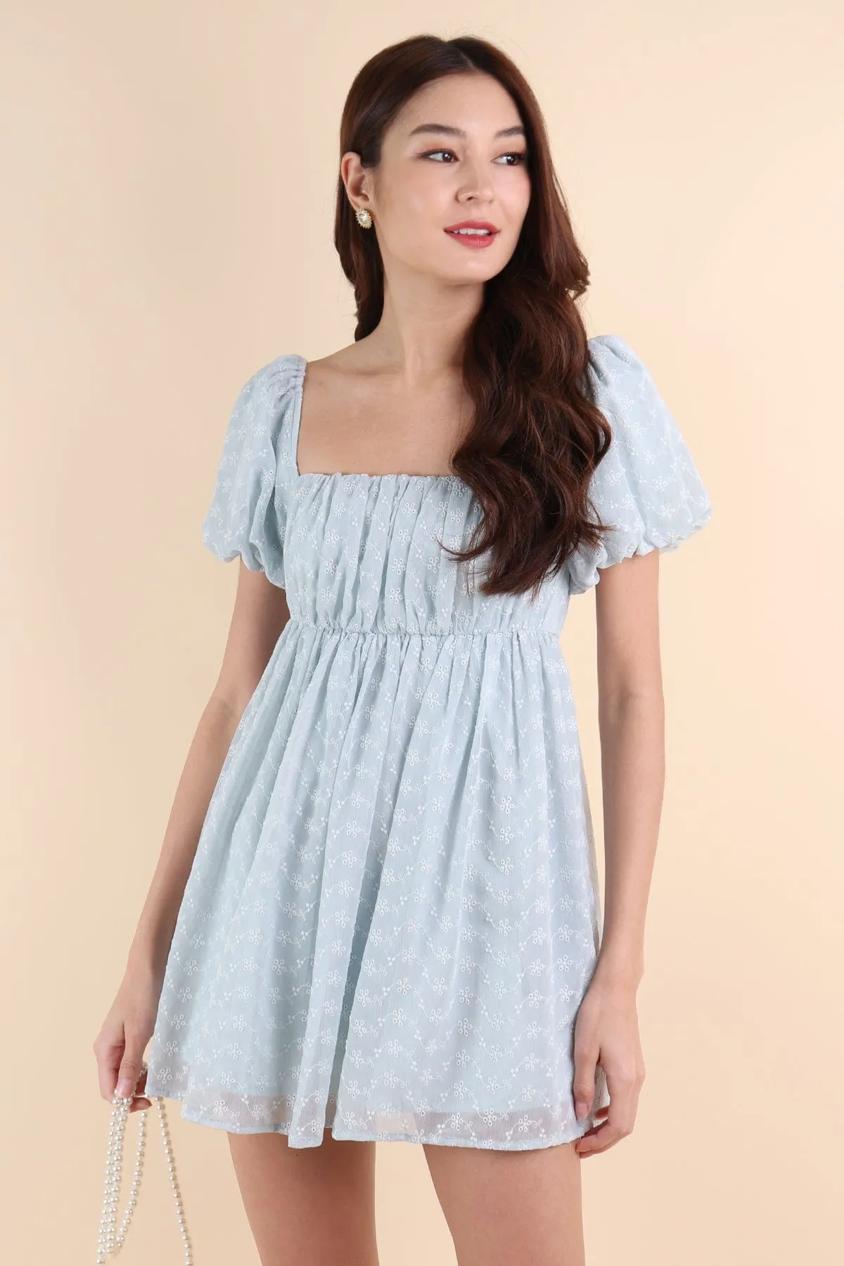 KYRIE PUFF SLEEVE RUCHED EYELET DRESS IN MINT SKY