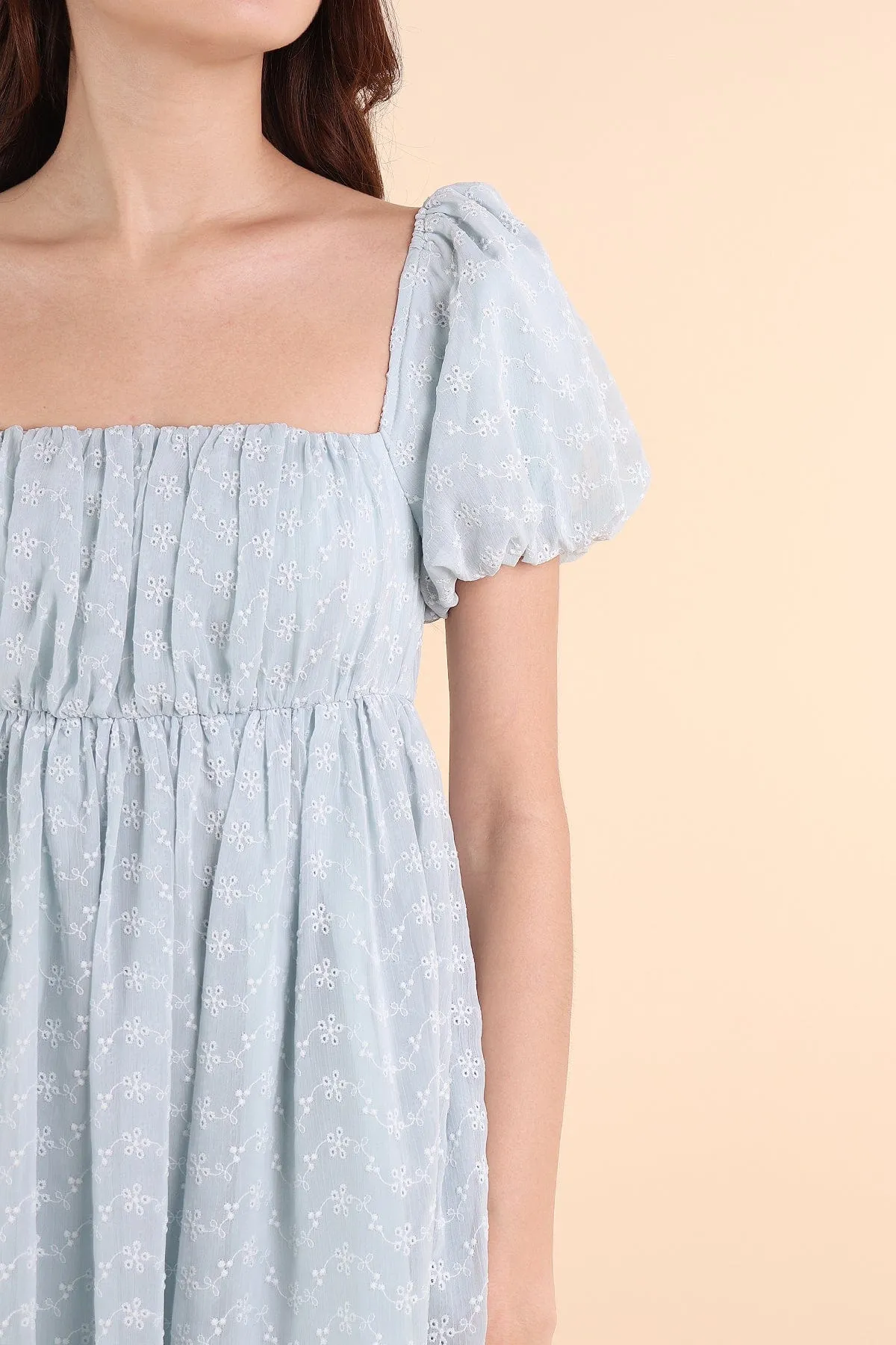 KYRIE PUFF SLEEVE RUCHED EYELET DRESS IN MINT SKY