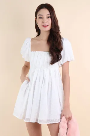 KYRIE PUFF SLEEVE RUCHED EYELET DRESS IN WHITE