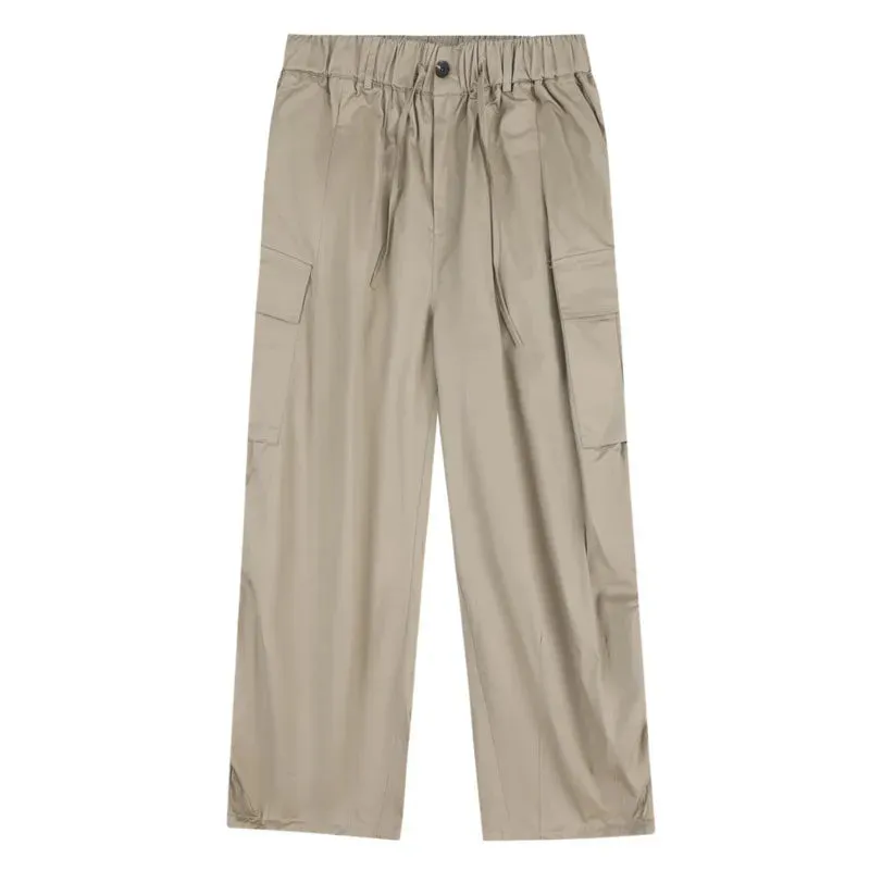 Large Pocket Men's Wide Leg Pants Casual Pleated Drawstring Solid Color Male Cargo Trousers Trendy Spring 9C4195