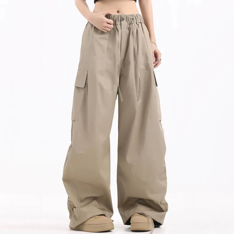 Large Pocket Men's Wide Leg Pants Casual Pleated Drawstring Solid Color Male Cargo Trousers Trendy Spring 9C4195