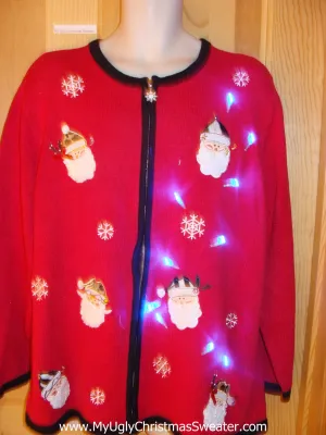 Light Up Christmas Sweater Santa Heads Snowflakes