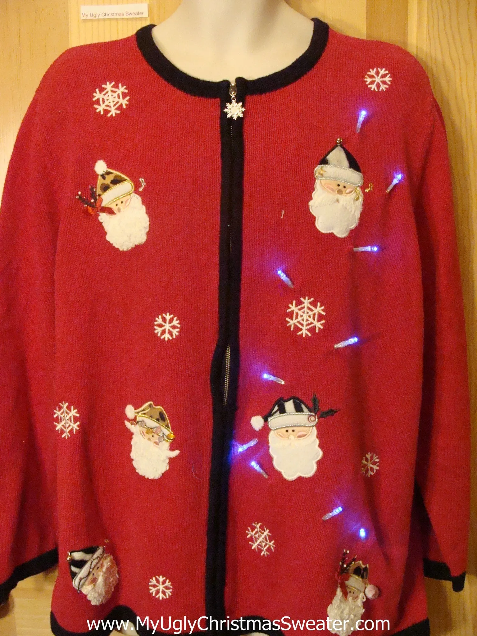 Light Up Christmas Sweater Santa Heads Snowflakes