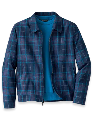 Linen Blend Plaid Bomber Jacket - Navy Multi