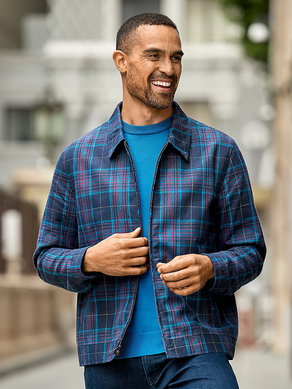 Linen Blend Plaid Bomber Jacket - Navy Multi