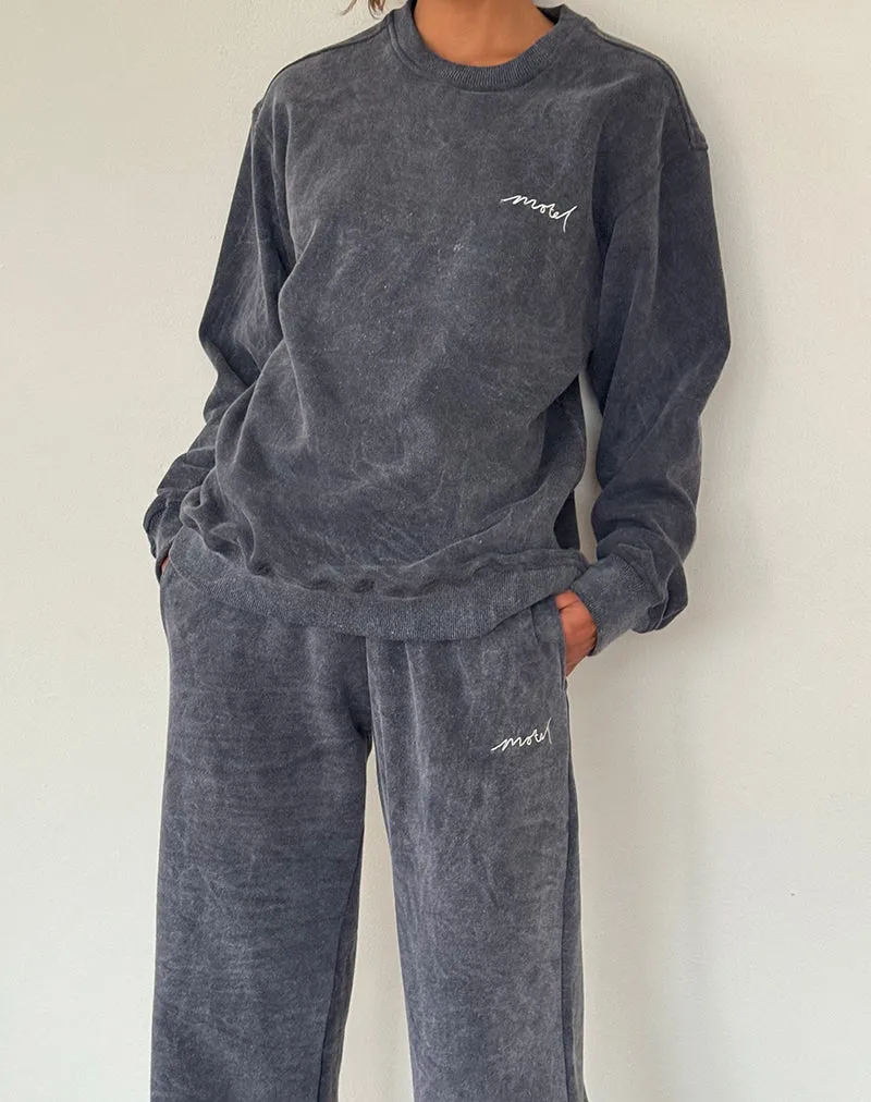 Loose Jogger in Black Wash with Off White 'MOTEL' Embroidery