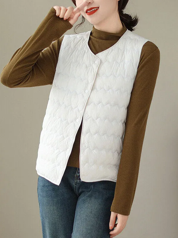 Loose Sleeveless Buttoned Quilted Solid Color Round-Neck Padded Vest