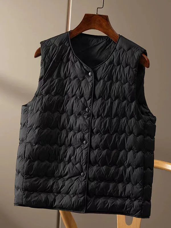 Loose Sleeveless Buttoned Quilted Solid Color Round-Neck Padded Vest